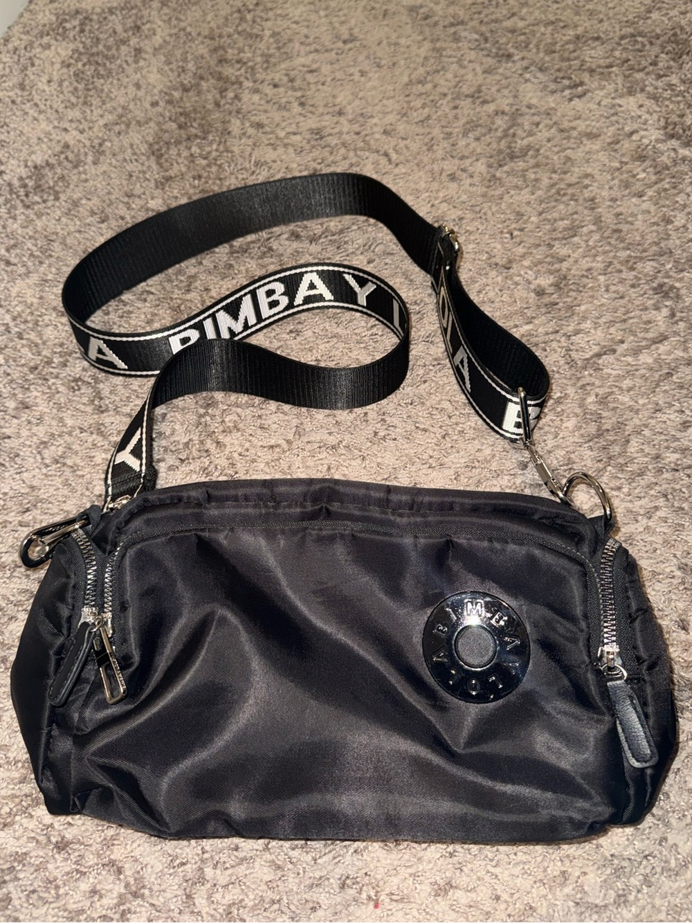 Bimba y Lola Small Black Crossbody Bag Logo Strap Zip Closure Silver Hardware